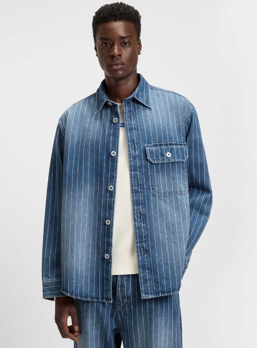 HUGO Oversized-Fit Shirt In Blue Striped Denim Ebolt - Medium Aged Denim