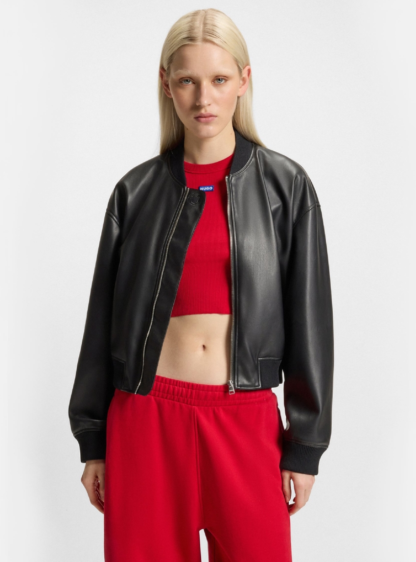 HUGO Cropped Bomber Jacket In Faux Leather  Attitude-1_B - Black