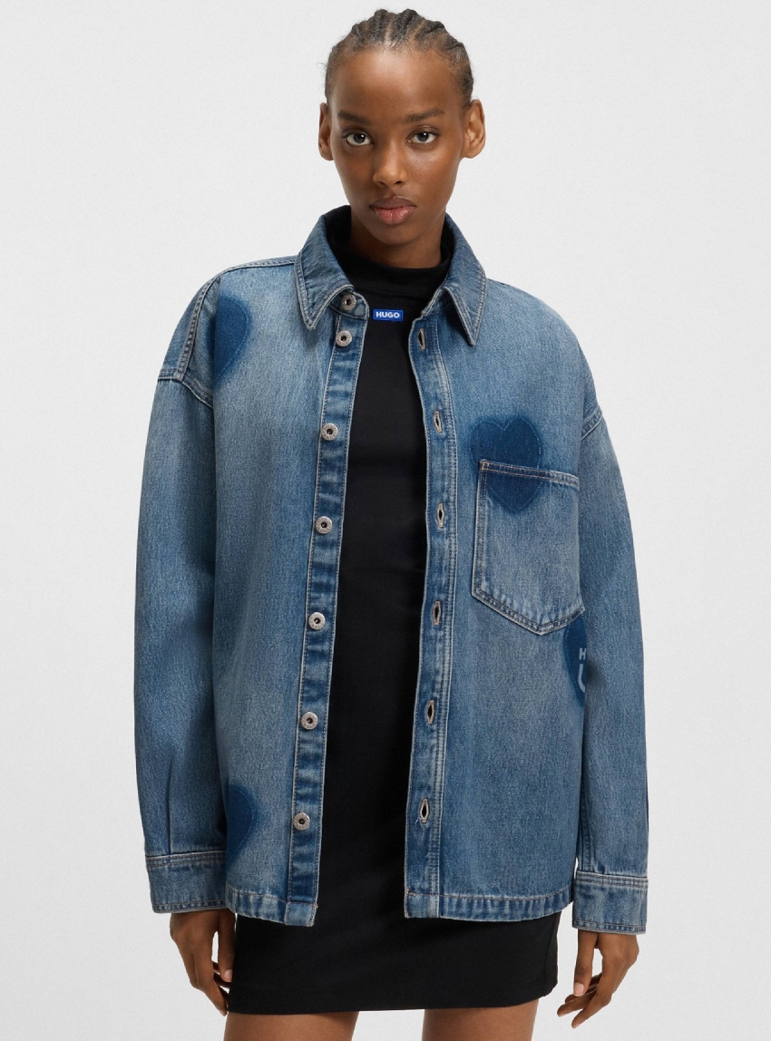 HUGO Rigid-Denim Shirt With Printed Hearts  Garesa_2_B - Medium Aged Denim