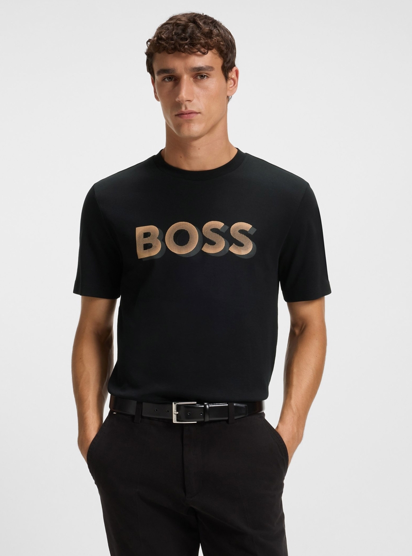 BOSS Mercerised-Cotton T-Shirt With Logo Artwork H-Thompson 656 - Black