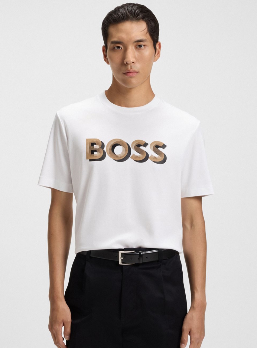 BOSS Mercerised-Cotton T-Shirt With Logo Artwork H-Thompson 656 - White