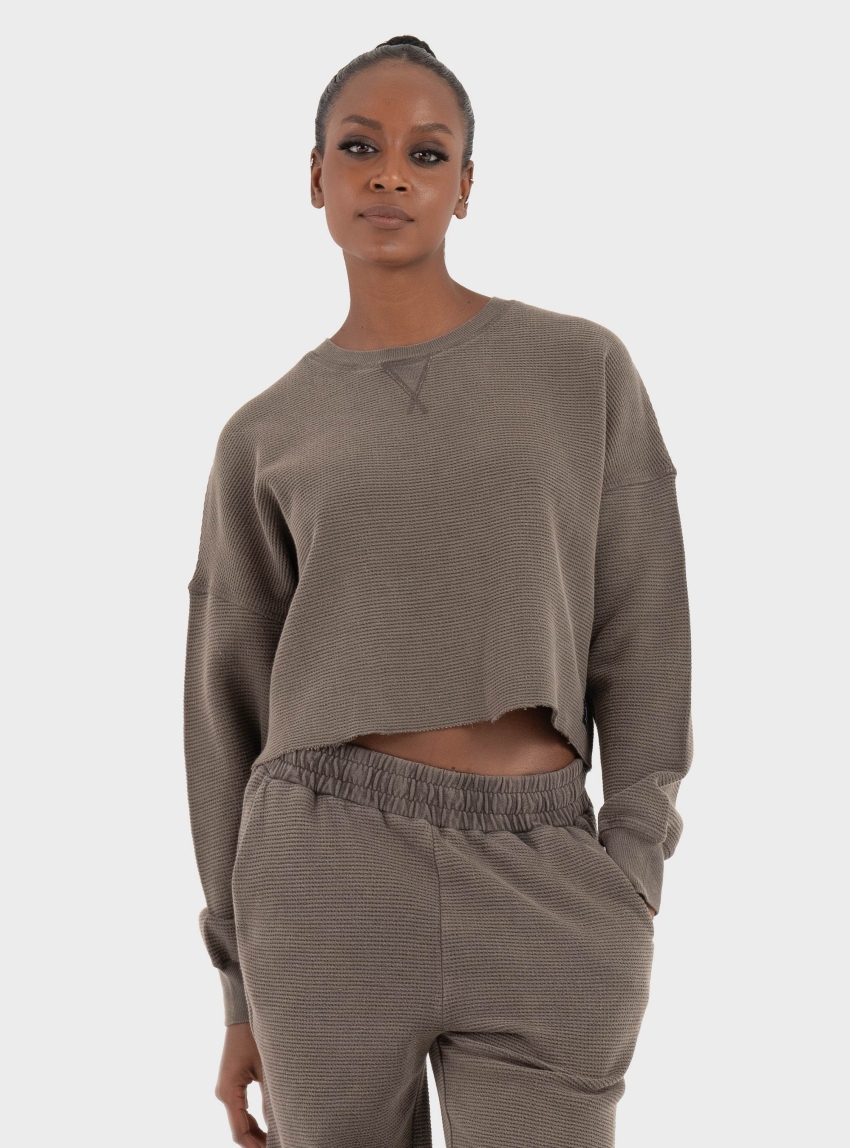 Dirty Laundry Cropped Waffle Longsleeve Blouse - Light Brown