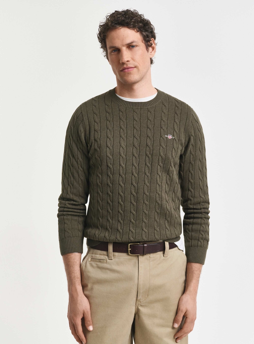 Gant Cotton Cable Knit Crew Neck Sweater - Olive 