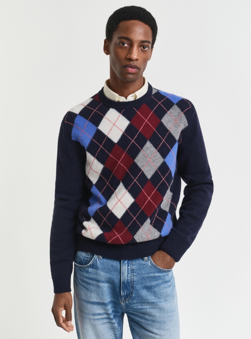 Gant Argyle Crew Neck Sweater - Navy