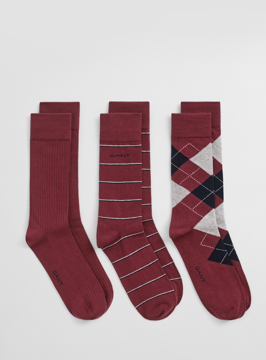 Gant 3-Pack Argyle & Striped Socks - Bordeaux