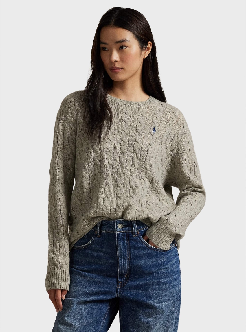 Polo Ralph Lauren Cable Wool-Cashmere Crewneck Sweater - Light Grey Melange