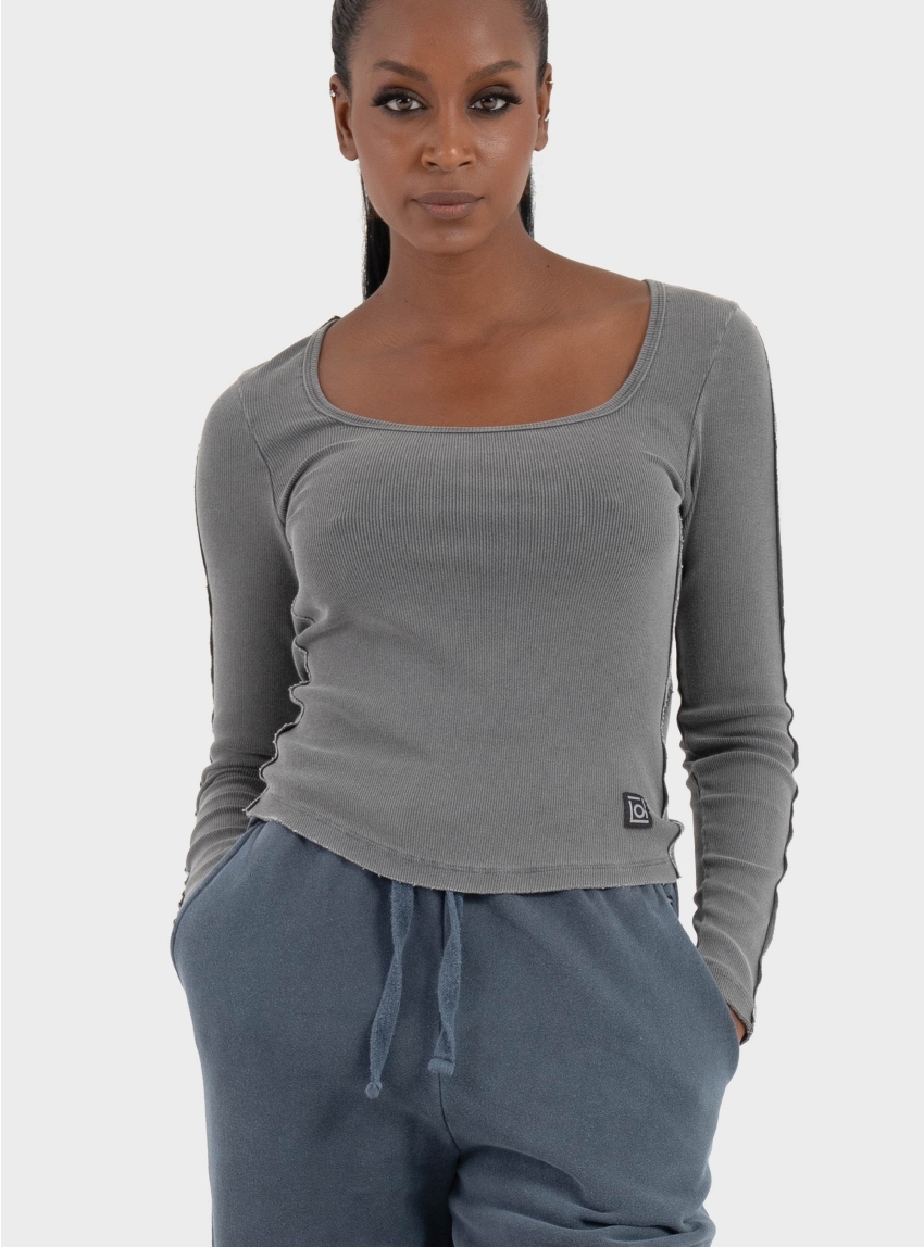 Dirty Laundry Scoopneck Rib Longsleeve - Grey