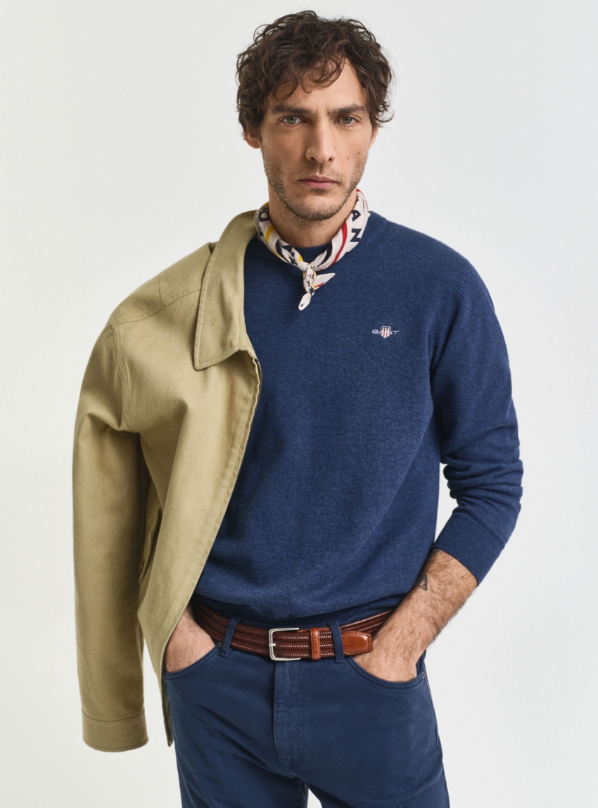 Gant Classic Cotton Crew Neck Sweater - Indigo