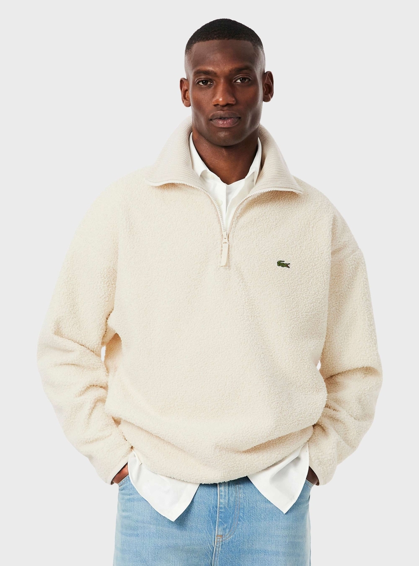 Lacoste High Zipped Neck Polar Fleece Sweatshirt - Ecru