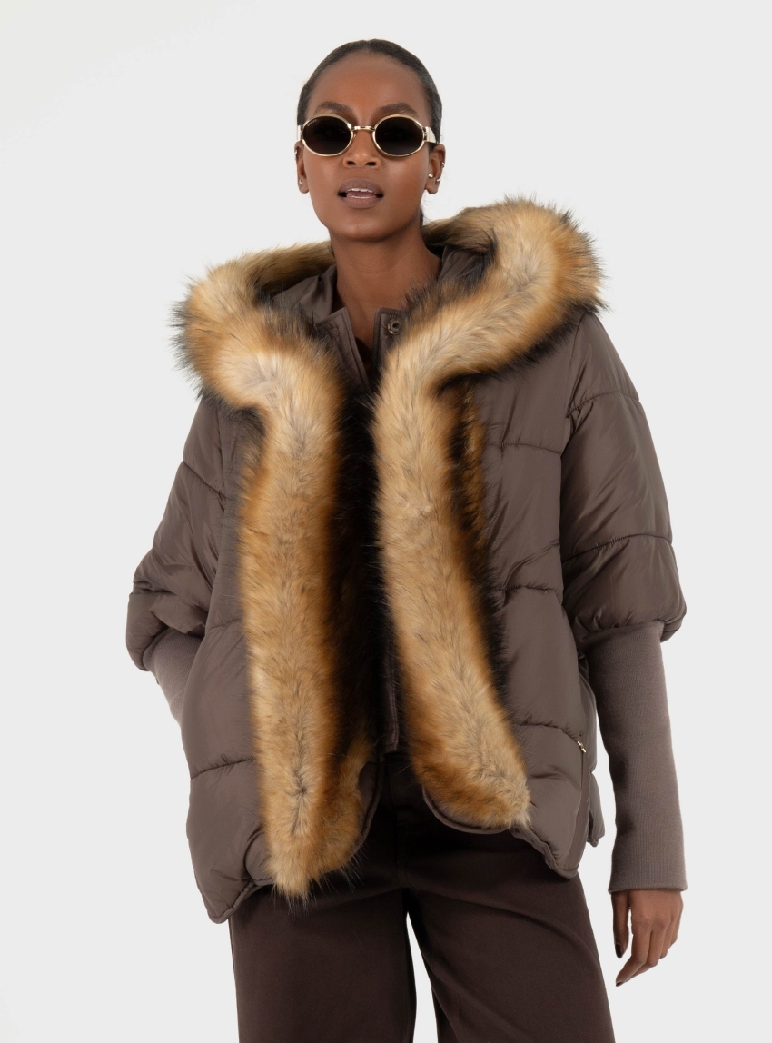 Souvenir Faux Fur Hooded Jacket - Brown